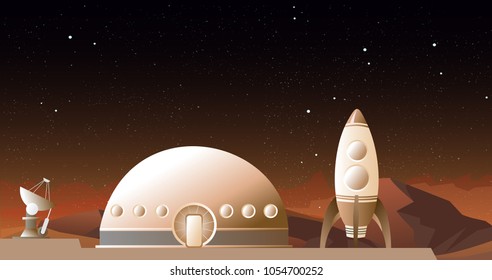 Vector illustration of spaceship on Mars or another planet. A rocket and space station on space background. Space travel concept.