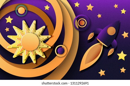 Vector illustration of a spaceship in open space among planets of the solar system in the style of cut paper. Space exploration.