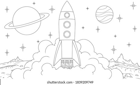 Vector illustration, spaceship, rocket, takes off from the surface of the planet, coloring book.
