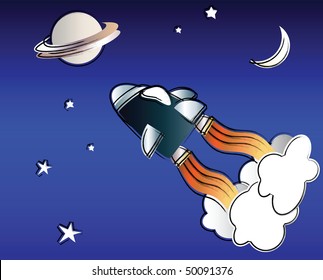 Vektorgrafik eines Raumschiffs im Weltraum im Stil einer Kinderzeichnung
