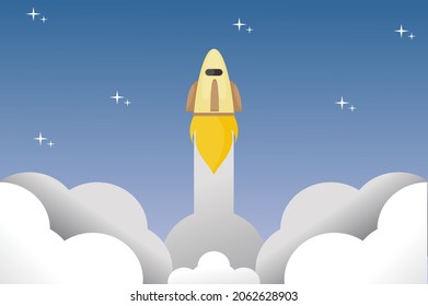 vector illustration of a spaceship taking off into the starry sky