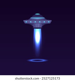 A vector illustration of a spaceship taking off with a futuristic design and a blue glow. It is ideal for games or decorations with a space alien theme.