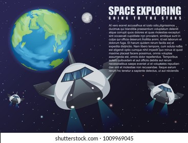 Vector illustration of spaceships flying from the Earth to outer space. Galaxy exploring.