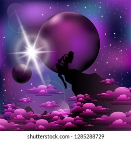 vector illustration. space-time continuum. Girl playing the saxophone
