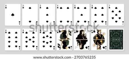 Vector illustration of a Spades suit card set: Jack, Queen, King, Ace, card back with ornate. Elegant and classic playing cards with decorative pattern for poker, casino, and entertainment projects.