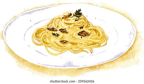 vector illustration of spaghetti carbonara painting by watercolor