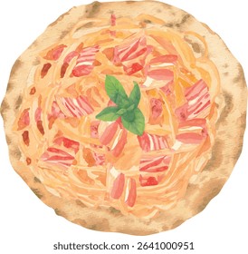 Vector illustration of Spaghetti Carbonara Pizza topped with spaghetti, bacon, egg, mozzarella, and creamy sauce. Top view