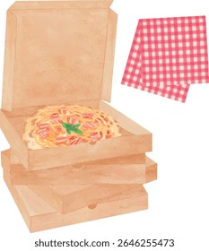 Vector illustration of Spaghetti Carbonara Pizza in an open delivery box, with a stack of pizza boxes in the background and a classic Italian checkered napkin.