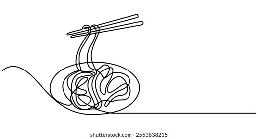 Vector illustration of spaghetti isolated on white background for kids coloring activity worksheet workbook, chow mein continuous one line drawing, Spaghetti Single, Cooking Icon, editable stroke.