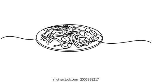 Vector illustration of spaghetti isolated on white background for kids coloring activity worksheet workbook, chow mein continuous one line drawing, Spaghetti Single, Cooking Icon, editable stroke.