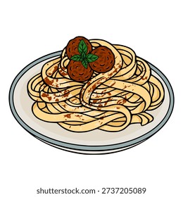 Vector illustration of spaghetti with meatballs and basil on a plate