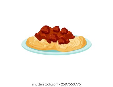 Vector illustration of spaghetti with meatballs and tomato sauce on a blue plate, isolated on a white background.