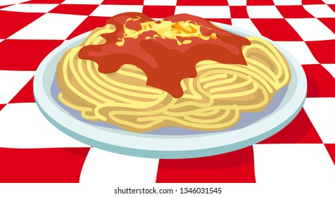 Vector illustration of spaghetti with red tomato sauce with cheese isolated on red and white crossed pattern like in traditional italian restaurant