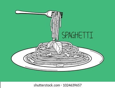 Vector illustration of Spaghetti sketch. Spaghetti on fork and plate.