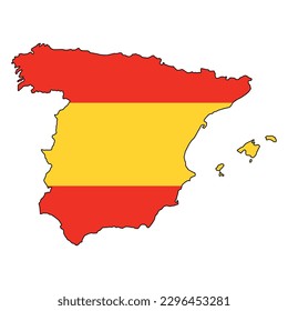 Vector illustration of Spain map overlaid with the national flag, highlighting the country's geographic outline combined with its national colors.