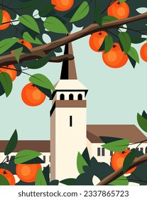 Vector illustration. Spain, Valencia travel poster, travel postcard, banner, package design. Oranges, garden.