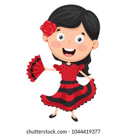 Vector Illustration Of Spaish Kid Dancing Flamenco