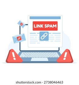 Vector illustration of spam messages and digital cyber attacks. Clean design representing phishing links, hacking threats, and data security issues.