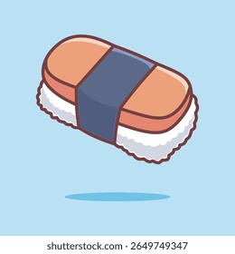 Vector illustration of spam musubi sushi in cute cartoon style. Perfect for Asian food branding, menu design, children’s content, and kawaii vector collections. Clean lines and pastel background.