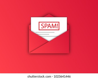 Vector illustration of SPAM with red colored envelope with a paper with text "SPAM!" on it.