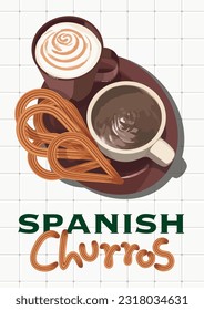 Ilustración vectorial de los churros españoles con café cremoso y chocolate caliente