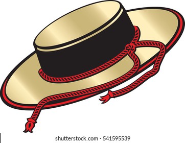 Vector illustration of spanish hat with red ribbon on white background.