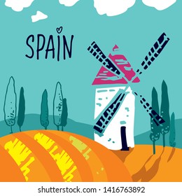 
Vector illustration of Spanish landscape with mill and fields and trees in the background and lettering for poster or tourist guide