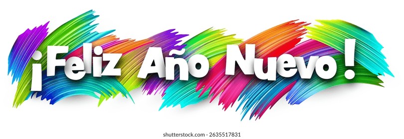 Vector illustration of the Spanish phrase for Happy New Year with vibrant rainbow brush strokes. Spanish language holiday concept.