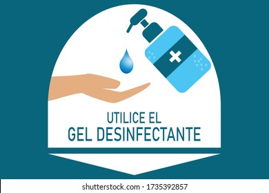 Vector illustration with the spanish text (Use hand sanitizer). Blue background. 