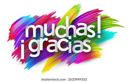 Vector illustration of the Spanish thank you phrase in white bold text over a colorful abstract paint background. Spanish language gratitude message.