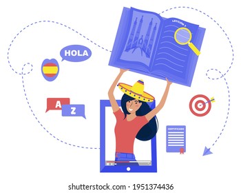 Vector illustration of Spanish tutor. Online studying. Video tutorial. Online courses. Language school. Halo. Hello. Say hi. Spanish teacher.