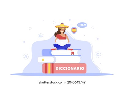 Vector illustration of Spanish tutor.Online education, courses. Native speaker. Spanish language. Salut. Hello. Dictionnaire. Dictionary. Spanish school.Student.Girl studying online.White background