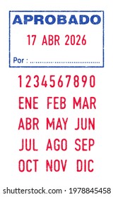 Vector illustration of the Spanish words Aprobado (Approved) and Por (By) stamp and editable dates (day, month and year) in ink stamps.