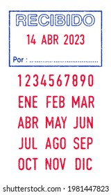 Vector illustration of the Spanish words Recibido (Received) and Por (By) in blue ink stamp and editable dates (day, month and year) in red ink stamps