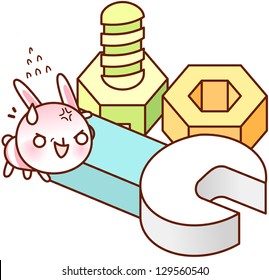 A vector illustration of spanner, screw and nut