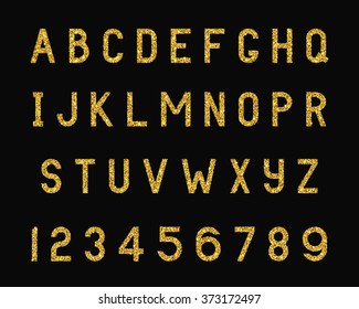 Vector Illustration Of Sparkle Font For Typography Design, Website, Background, Banner. Alphabet Element Template. Bright Gold Letter