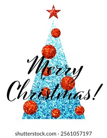 Vector illustration of a sparkling blue Christmas tree adorned with red glitter ornaments and a red star, featuring Merry Christmas! text.