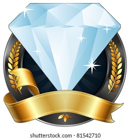 Vector illustration of a sparkling diamond gem award or sports plaque medal with gold ribbon and wreaths around reward. Representations include: Achievement, Winning, 1st Place, MVP, Quality Product.