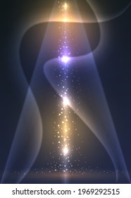 Vector illustration of sparkling falling dots on a dark background in the rays of light.