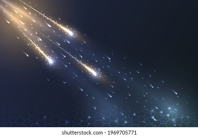 Vector illustration of sparkling falling lights on a dark background in the rays of light.