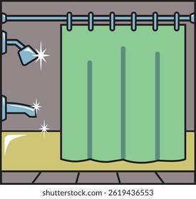 A vector illustration of a sparkling freshly cleaned shower and bathtub with a green shower curtain and tile floor.