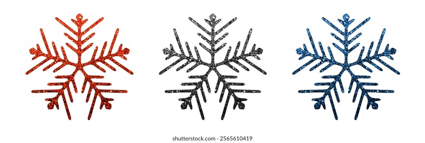 Vector illustration of sparkling red, black, and blue snowflakes with delicate, glittery textures on a white background.