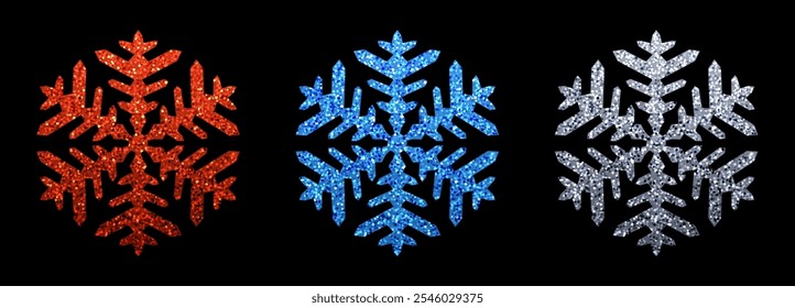 Vector illustration of sparkling red, blue, and silver snowflakes with intricate details on a black background.