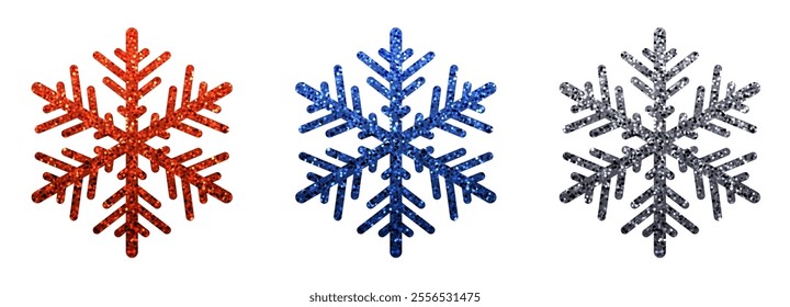 Vector illustration of sparkling red, blue, and silver snowflakes with a festive, glittery effect on a white background.