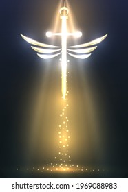 Vector illustration of a sparkling sword and wings on a dark background.