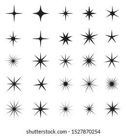 Vector illustration of sparks elements and symbols isolated on white background. Sparkles Black Template Icons. The set of stars, flares, monochrome flash effects