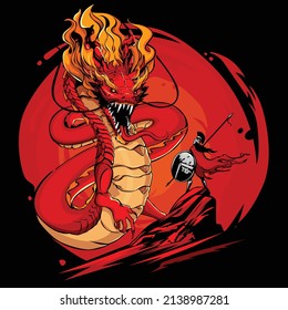 Vector illustration of spartan warrior confronting dragon