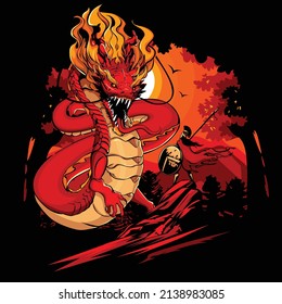 Vector illustration of spartan warrior face to face with red dragon