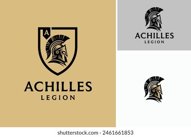 Vector illustration of Spartan Warrior Helmet, Sparta Greek Mask of Achilles with Shield for Protection or Security logo design