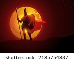 Vector illustration of Spartan warrior with his shield and spear standing gallantly against full moon